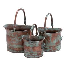 three metal buckets with handles and handles