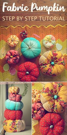 fabric pumpkins are stacked on top of each other in different colors and sizes, with the