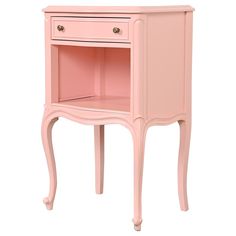 a pink nightstand table with drawers on the bottom and one drawer open to reveal an empty shelf