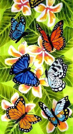 a painting of many butterflies on green leaves