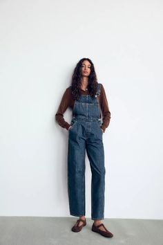 LONG TRF BAGGY DENIM JUMPSUIT - Navy blue | ZARA United States Denim Bib Front Jumpsuit For Work, Workwear Denim Overall Jumpsuit With Patch Pockets, Utility Overalls With Patch Pockets For Fall, Casual Denim Jumpsuit With Patch Pockets, Fall Shortalls Overalls With Pockets, Workwear Overalls With Patch Pockets, Fall Shortalls With Bib Front And Pockets, Casual Denim Overalls Jumpsuit With Patch Pockets, Fall Utility Shortalls For Workwear