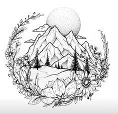 a drawing of mountains and flowers with the sun in the background