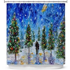 a painting of a man walking through the snow with trees in front of him shower curtain