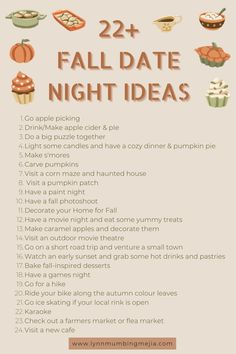 the fall date night ideas list with pumpkins and cupcakes on it is shown