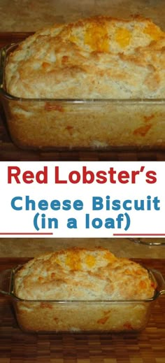 red lobster's cheese biscuit in a loaf on a wooden table with text overlay