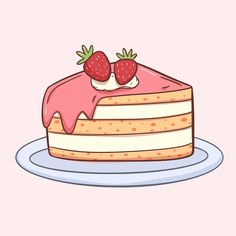 a piece of cake with strawberries on top is sitting on a plate and has a pink background