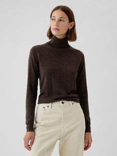 Merino Turtleneck Sweater | Gap Fall Wool High Neck Tops, Fall Wool Tops With High Neck, Brown Classic Long Sleeve Turtleneck, Classic Brown Long Sleeve Turtleneck, Classic Gap Tops For Fall, Fall High Neck Wool Tops, High Neck Wool Tops For Fall, Brown High Neck Turtleneck, Merino Wool Long Sleeve Turtleneck For Fall