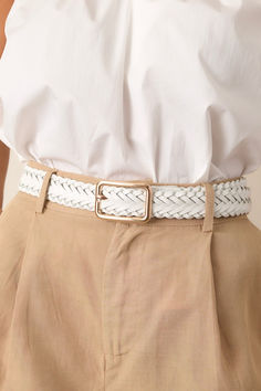 Elevate your style with our Let's Get Going White Braided Belt. This versatile accessory adds a touch of sophistication to any outfit. The braided design provides both durability and comfort, making it the perfect choice for any fashion-forward individual on the go. Upgrade your wardrobe today with this must-have piece. This braided white belt features a gold hardware rectangular buckle and a white braided material. Preppy Girls, Going Out Looks, Corporate Chic, Concert Looks, Cardigan Crop, Braided Belt, White Belt, Dress Bra, Vintage Havana