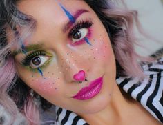 Colorful clown Candy Freckles Makeup, Beauty Clown Makeup, Clowns Makeup Cute, Sweet Clown Makeup, Beautiful Clown Makeup, Wacky Wednesday Makeup, Clown Costume Colorful, Cute Clown Makeup Halloween, Clown Cute Makeup