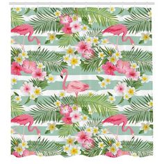 pink flamingos and tropical flowers on green striped background