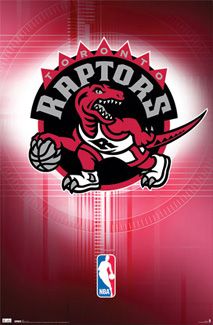 the raptors logo is shown on a red background with an image of a dinosaur holding a basketball