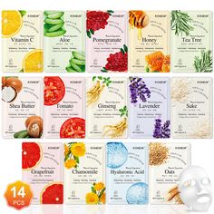 PRICES MAY VARY. 🍋【14 Pack Face Mask Gift Set】Our facial sheet masks skincare with 14 natural ingredients like aloe,pomegranate,honey,tomato,ginseng,lavender,sake,oats,grapefruit,chamomile,hyaluronic acid,vitamin C,tea tree,shea butter.Rich collagen essence can be quickly absorbed by the skin,the skin will feel smoother and younger. 💧【Suitable for All Skin Types】Whether you have dry,oily or sensitive skin,each facial mask focuses on different skin problems,bulk face masks skincare helps to moi Face Masks Skincare, Sheet Face Masks, Face Spa, Masks Skincare, Women Skin Care, Sheet Mask Set, Skincare Wishlist, Cheap Skin Care Products, Skin Care Face Mask