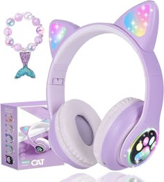 the cat headphones are purple and have lights on them