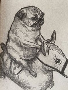 a drawing of a dog riding on the back of a horse