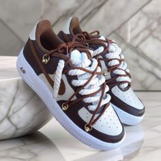 Custom Lace-up Sneakers With White Sole And Laces, Custom Leather Sneakers With White Laces And Round Toe, Custom Low-top Leather Sneakers With White Laces, Brown Custom Sneakers With Round Toe And Laces, Nike Aesthetic, Nike Shoes Women Fashion, Pretty Sneakers, Custom Shoes Diy, Nike Shoes Girls