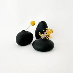 two black vases with yellow flowers in them