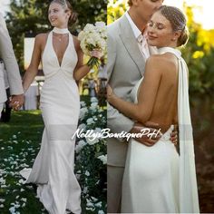 a man and woman standing next to each other in front of white flowers on the grass