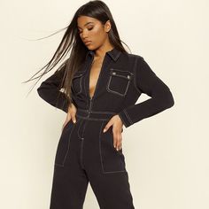 Take Your Off-Duty Look To A Whole New Level With Boilersuit. Featuring A Charcoal Denim Material With A Contrasting Stitch, Pocket Detailing And A Zip Fastening. Team This With Fresh Kicks And A Cross Body Bag To Complete The Look. Length Approx 150cm/59" (Based On A Sample Size Uk 6) Model Wears Size Uk 6/ Eu 34/ Aus 6/ Us 2 Model Height - 5ft 6” Fabric & Care Main: Cotton - 95%, Polyester - 5% Questions? Leave A Comment Below! Black Utility Denim Jumpsuit For Fall, Fitted Black Utility Overalls, Black Fitted Utility Overalls, Utility Denim Jumpsuit For Workwear, Utility Style Fitted Denim Jumpsuit For Workwear, Fitted Long Sleeve Overalls For Spring, Denim Utility Jumpsuit With Long Sleeves, Fitted Long Sleeve Denim Utility Jumpsuit, Trendy Fitted Jumpsuits And Rompers For Work