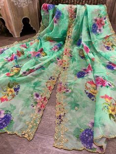 Organza floral printed dupatta with gold embroidery. Makes a great bridesmaid gift / shawl Green Organza Dupatta With Floral Embroidery, Green Floral Embroidered Dupatta, Multicolor Floral Print Tissue Silk Dupatta, Luxury Pista Green Floral Print Dupatta, Spring Floral Print Organza Dupatta, Silk Quilt, Sari Silk, Mint Green