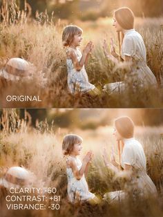 two children sitting in tall grass with their hands together, and one child kneeling on the ground