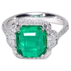 Magnificent 14K 4.35 Ct Emerald&Diamond Antique Art Deco Style Engagement Ring Luxury Emerald Cut Gemstone Halo Ring, Elegant Radiant Cut Emerald Ring, Luxury Diamond Ring With Emerald Accent Stones, Luxury Emerald Ring With Radiant Cut, Octagon Emerald Ring With Diamond Accent Stones, Elegant Octagon Emerald Ring With Accent Stones, Radiant Cut Emerald Ring Luxury, Dazzling Green Diamond Cut Ring, Dazzling Green Diamond-cut Rings