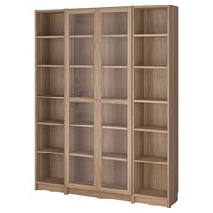 an open bookcase with three shelves on one side and two doors on the other