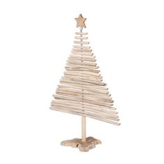 a small wooden christmas tree on a stand with a star hanging from it's top