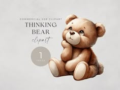 a brown teddy bear sitting on top of a white background with the words, thinking bear clipart