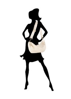 the silhouette of a woman carrying a white handbag on her shoulder and wearing a black dress