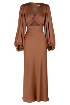 Luxe Twist Front Balloon Sleeve Midi Dress | Mocha | Dresses | Shona Joy – Shona Joy International Elegant Brown Puff Sleeve Dress, Elegant Brown Ruched Midi Dress, Chic Brown Puff Sleeve Dress, Brown Ruched Midi Dress For Date Night, Brown Ruched Midi Dress For Night Out, Chic Midi Dress With Balloon Sleeves For Night Out, Brown Puff Sleeve Midi Dress For Brunch, Brown Silk Dress, Mocha Dress