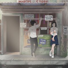 two people standing in front of a store