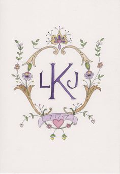 the letter k is surrounded by flowers and leaves, with a heart in the center