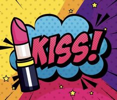 the word kiss written in comic style with a pink lipstick on it's tip