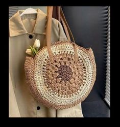 Handmade Crochet raffia (patterned design) round beach bag shoulder bag summer handbag boho travel tote bag, with strap leather(khaki/brown) Brown Crochet Shoulder Bag For Beach, Bohemian Large Capacity Shoulder Bag For Spring, Brown Hobo Bag For Daily Beach Use, Brown Summer Shoulder Bag For Daily Use, Brown Hobo Bag For Daily Use, Brown Large Capacity Hobo Bag For Vacation, Trendy Handmade Beige Hobo Bag, Spring Bohemian Large Capacity Hobo Bag, Woven Bags As Fashion Accessories For Summer