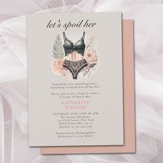 Celebrate the bride-to-be with a chic and elegant lingerie shower! This luxurious invitation features a watercolor illustration of a delicate underwear set with floral and foliage accents, in a soft vintage coral pink and dark green color scheme. The title "Let's Spoil Her" is written in elegant calligraphy, setting the tone for a night of fun, laughter, and lingerie, with a "Something sexy, something sweet" theme. Luxurious Invitation, Bridal Lingerie Shower, Unique Bridal Shower Invites, Lingerie Shower Invitations, Pink Floral Bridal Shower, Pink Bridal Shower Invitations, Garden Bridal Showers, Bridal Brunch Invitations, Elegant Lingerie