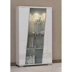 a white cabinet with glass doors and shelves