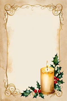 a christmas card with a lit candle and holly leaves on it's border, in front of an old paper background