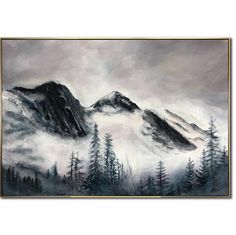 a painting with mountains in the background and trees on the bottom right side, surrounded by fog