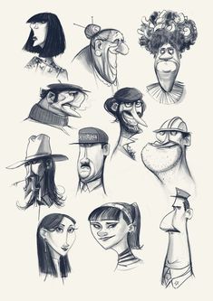 an animated drawing of people with hats and mustaches on their heads, all in different poses