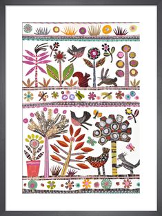 an art print with flowers and birds on white paper, framed in black wood frame