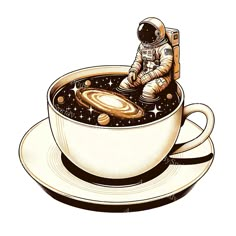 an astronaut sitting in a cup of coffee with the saucer on it's side