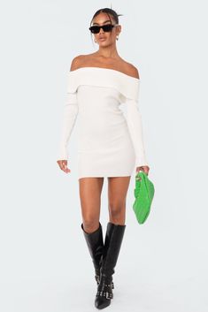 White Sweater Dress, Grad Dresses, Dinner Outfits, Knitted Dress, Knit Mini Dress, Long Sleeve Mini, Petite Dresses, Long Sleeve Mini Dress, Fold Over