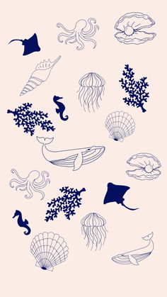 an ocean scene with various types of sea animals and marine creatures in blue ink on pink paper