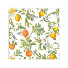 an orange tree with birds and flowers on it