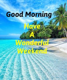 the words good morning have a wonderful weekend are in front of an island with palm trees