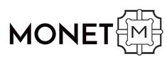 the monet logo is shown in black and white, with an ornamental motif on it