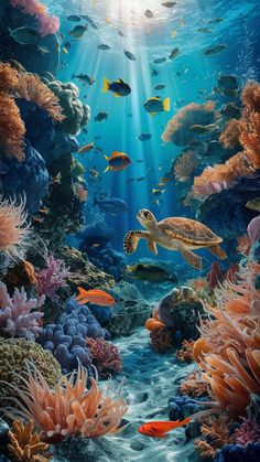 an underwater scene with fish and corals