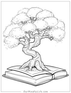 an open book with a tree growing out of it