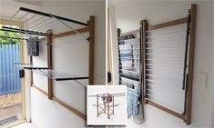 two pictures of clothes drying on racks next to an open door and another photo of the same hanging rack