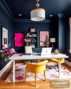 a home office with blue walls and pink flowers on the desk, along with yellow chairs